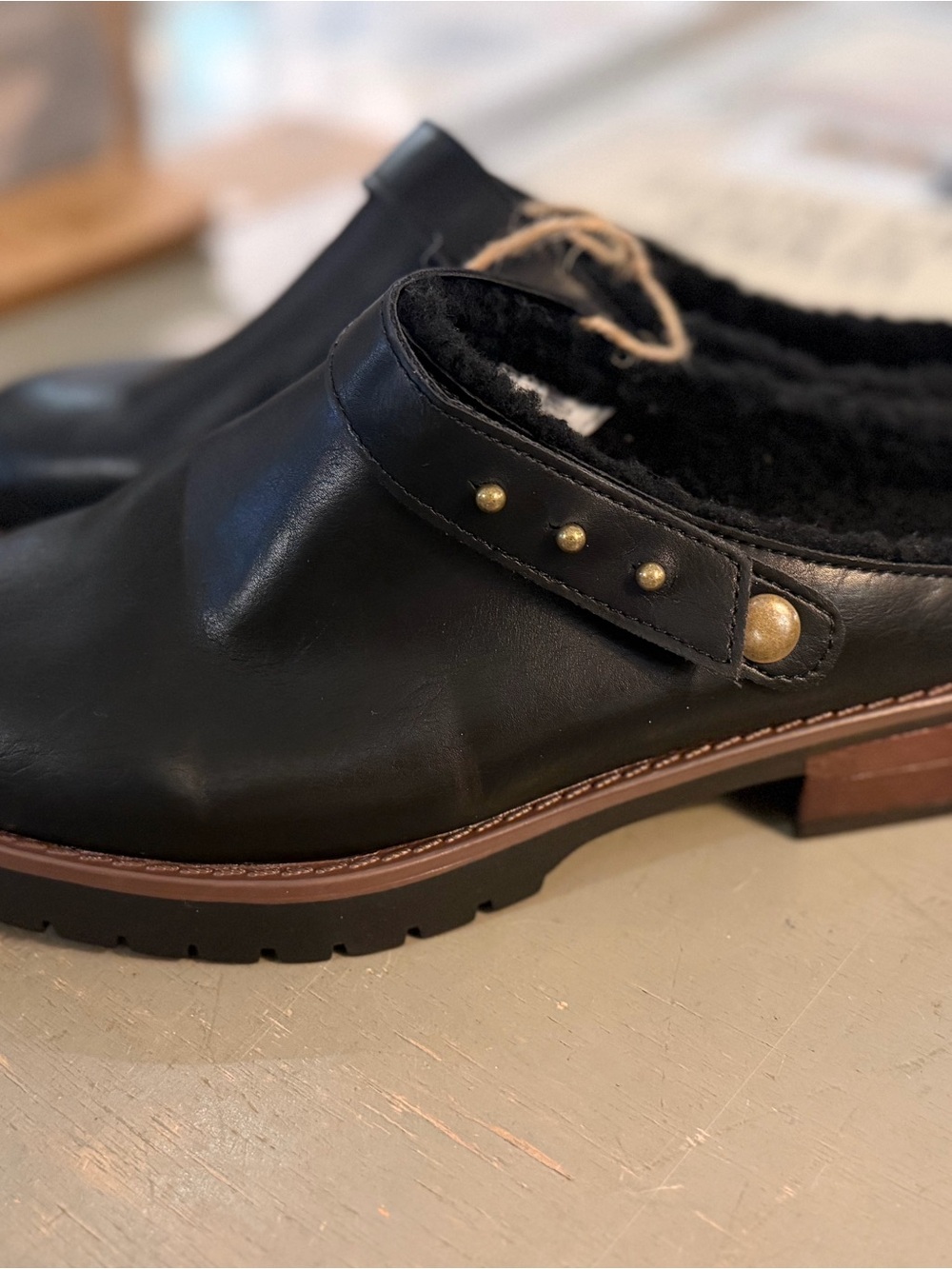 Black Leather Slip-On Clog with Fur Lining